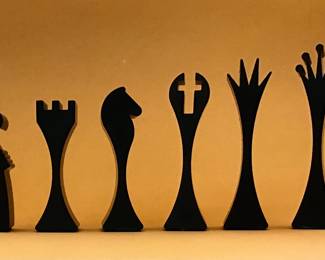 1972 Modernist Columbia Aluminum Chess Set by Scott Wolfe in original box.  