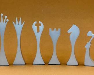 1972 Modernist Columbia Aluminum Chess Set by Scott Wolfe in original box.  