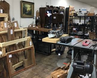 Woodworking equipment, tables mounted on rollers,   live edge oak slabs, 60” steel hitch mounted cargo carrier. Porter cable 4210–12 inch dovetail jig, works!