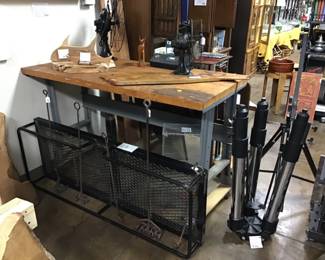 Workbench with solid  maple top, mounted on rolling base. Meade giant field tripod for telescope. 60” steel hitch mounted cargo carrier. 