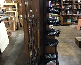 Fishing rods and 7 containers of Fishing Lures (mostly Heddon). 