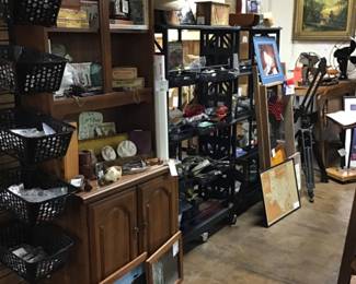 Vintage cottage farmhouse, two pieces hutch/bookcase. Western, fishing, bar, box collectibles. 