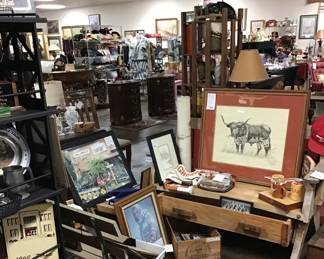 Outdoor wooden bench. Handcrafted, red trim, bottom drawer for outdoor tools. “Native Son” longhorn print by Dan Brewer. Signed and numbered with a long horn cut out of the mat, wood frame. Other UT items. 