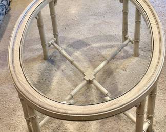 Palm Beach Regency White Oak and Beveled Glass Oval Coffee Table with Faux Bamboo Design,