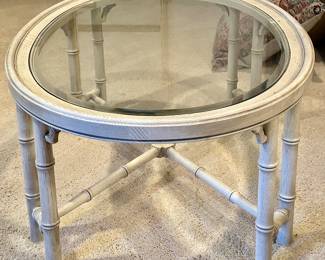 Palm Beach Regency White Oak and Beveled Glass Oval Coffee Table with Faux Bamboo Design,