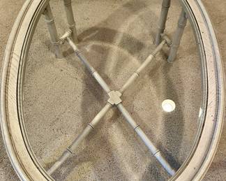 Palm Beach Regency White Oak and Beveled Glass Oval Coffee Table with Faux Bamboo Design,
