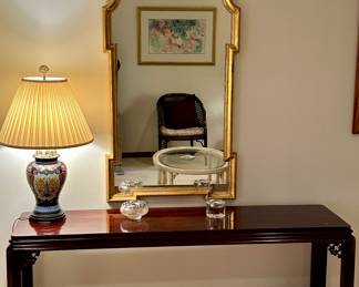 Henredon Rosewood Sofa Table, Frederick Cooper Lamp and Gorgeous Mirror