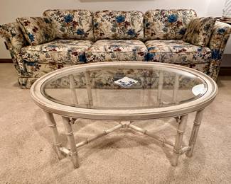 Vintage Floral 3 Cushion Sofa by Mayfair Div of Stearns & Foster and Oval White Oak with Glass Coffee Table and Faux Bamboo Frame.s