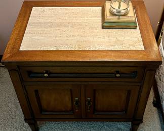 Master Bedroom Suite by White Furniture of North Carolina. Pair of Vintage Mid-Century White Furniture Directoire Style Walnut Side Tables with Stone Tops