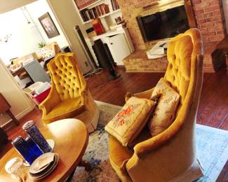 Pair vintage gold upholstered high back swivel chairs.  Excellent condition.