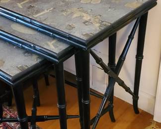 Chinese lacquered nest of tables with bamboo wood frames