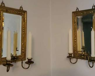 Pair of brass mirrored wall sconces
