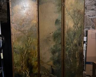 Antique Oil on Canvas Folding Screen