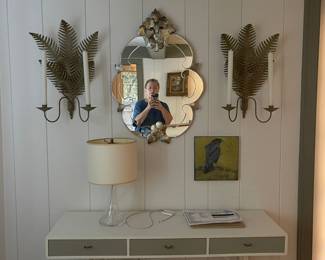 Per Of Painted TOLE Fern Sconces, Mother of Pearl Mirror