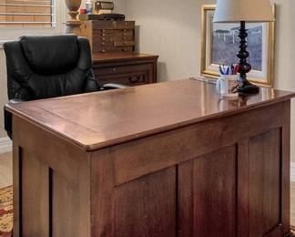 Office Desk, Chair, Table Lamp, Large Table Lamp. File Cabinet, Wood Tool Box, Art, Area Rug