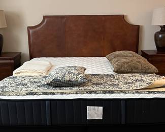 Leather King Headboard, Stearns & Foster Matt/BS, Bedroom Dresser w 2 Nightstands and Table Lamps pr