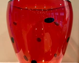 Art Glass Vase, Signed (red with black polka dots)