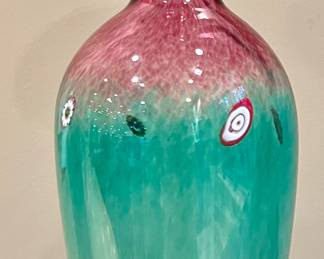 Signed Art Glass Vase (teal & pink)