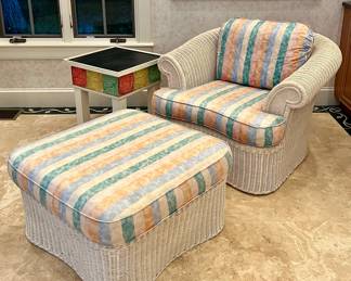 (2) Lexington Furniture Wicker Armchairs & Ottoman 