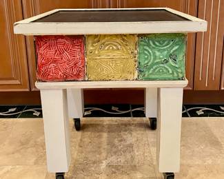 Side Table with Tin Tiles, Slate Top & Casters