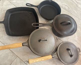 More Collectible Vintage Cast Iron Pot
   (2)  Rare Vintage Square Skillets
   (3) Regular Skillets in various sizes
   (3) Long Handled Bean Pots