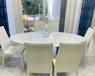 Mid Century Oval Marble Top Dining Table with (6) Mid Century Dining Chairs
