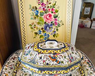 Hand Painted Floral Serving Tray &
Williams Sonoma Numbered "Nazar" Soup Tureen & Platter from Portugal
