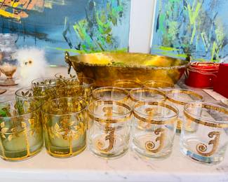 Set of Green & Gold Culver Bourbon Glasses & Set of Gold Monogrammed "J" Bourbon Glasses