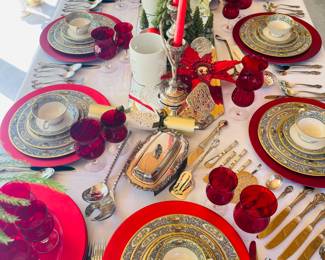 Stunning Set of Lenox
"Harvest China"    &
Beautiful Stainless Steel Flatware Sets
Red Goblets & Much More