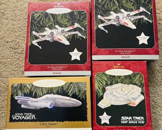 Collectible Hallmark Keepsake Ornaments 
      Star Trek Voyager, USS Defiant Deep Space Nine, USS Enterprise, Shuttecraft  Galileo,  Romulan Warbird
      Star Wars  X-Wing Starfighter
Apollo Lunar Module 