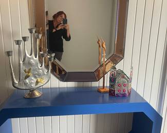Mid Century Modern Royal Blue Foyer Table  &
     Lovely Leaded Mirror 
