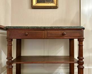 Antique Console Table with Two Drawers and Green Marble Top