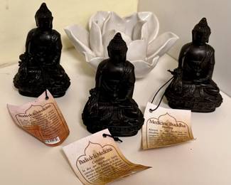 Lotus Flower Art Pottery & (3) Medine Buddha's