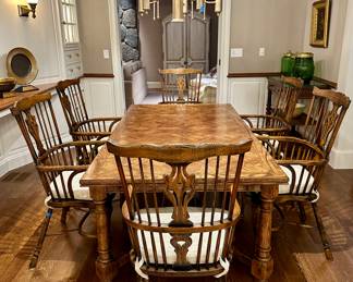 Dining Room Table with 2 Extensions & Pads & (6) High Back Windsor Armchairs