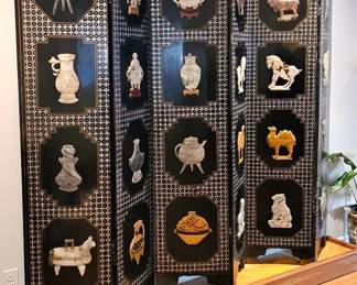 Fantastic Chinese lacquer, hardstone, mop inlay 6-panel floor screen /room divider