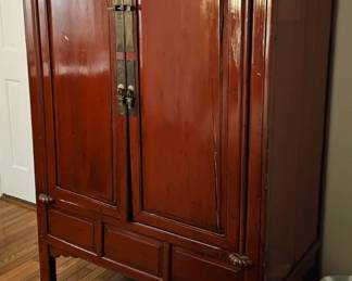 Chinese red lacquer marriage cabinet