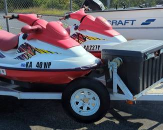 1997 Sea-Doo GSX 5624 Jet Skis, Qty 2, With Covers, VIN# ZZN57077A797 And ZZN51173J697, With 1997 15 ft Trailer And Storage Box
