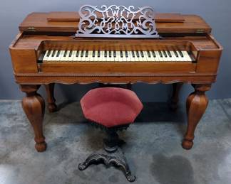 Antique Jewett & Goodman Melodeon, 46" L x 23" W x 32" H, And Cushioned Cast Iron Stool, 22" H