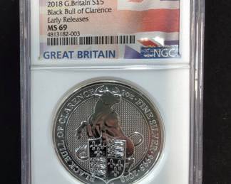 2018 Great Britain Black Bull Of Clarence 5 Pounds Silver Coin, 2 oz .9999 Fine Silver, Certified By NGC, Graded MS 69