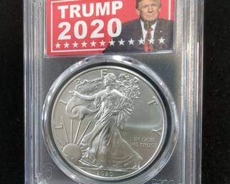 2020 American Eagle $1 Silver Coins, Qty 2, Each 1 oz Fine Silver, In Donald J. Trump And Joe Biden Cases, Both Certified By PCGS And Graded MS 70