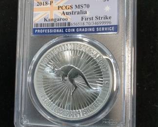 2018 P Australia Kangaroo And Year Of The Dog $1 Silver Coins, Each 1 oz .9999 Fine Silver, Both Certified By PCGS And Graded MS 70