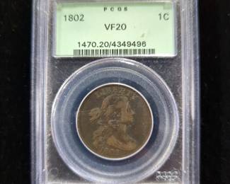 1802 Draped Bust Large Cent, Certified By PCGS, Graded VF 20
