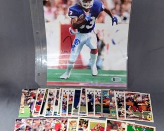 Andre Reed #83 Buffalo Bills Autographed Picture With Beckett COA Card And Sticker, And Football Cards Including Thurman Thomas, Barry Sanders, Steve Young And More, Qty 28