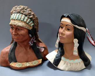 Busts Of Native American Man And Woman, Qty 2, 9.5" H