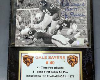 Gale Sayers #40 (HOF) Chicago Bears Autographed Photo On Wood Plaque With COA, 12" W x 15" H
