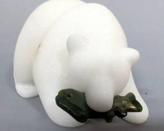 Cassiar Jade Hand Carved Grizzly Bear With Fish Marble Figurine In Wood Box With COA, Wood Carved Cowboy Fiddler Figurine, 5.5" H, And Alfred Meakin Ceramic Dish
