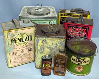 Vintage Petroliana Including Polarine 25 lb Transmission Grease Can, Marvel Mystery Oil 1 Gallon Can, Polarine 1 Gallon Transmission Grease Can, Renuzit 1 Gallon French Dry Cleaner Can, Texaco Marfak #3 5 lb Can, And More, Total Qty 8