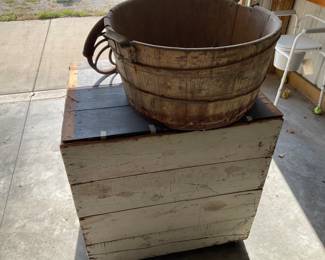 OLD WOOD WASH TUB AND WOOD BIN