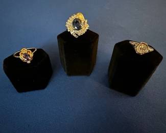 14k tanzanite/diamond ring, size 7, 14k 3.25ct sapphire and 1 ct diamond ring, size 8 and 18k1/3ct diamond ring, size 6