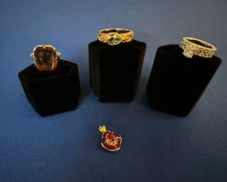 14k cameo ring, size 5.5, 18k citrine, J.Bohan, size 8.5, 14k diamond ring set 3/4ct center diamond/1 ct side diamonds, and 14k ruby pendant